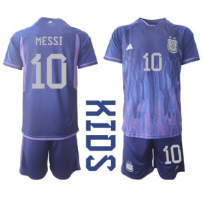 Argentina Lionel Messi #10 Venkovní dres komplet pro Děti MS 2022 Krátkým Rukávem (+ Krátké kalhoty)