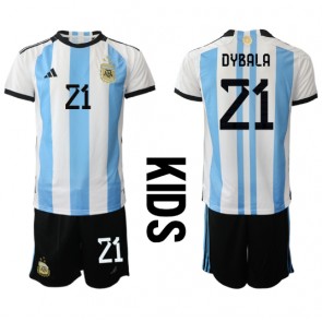 Argentina Paulo Dybala #21 Domácí dres komplet pro Děti MS 2022 Krátkým Rukávem (+ Krátké kalhoty)