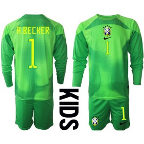 Brazílie Alisson Becker #1 Brankář Venkovní dres komplet pro Děti MS 2022 Dlouhým Rukávem (+ Krátké kalhoty)