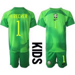 Brazílie Alisson Becker #1 Brankář Venkovní dres komplet pro Děti MS 2022 Krátkým Rukávem (+ Krátké kalhoty)