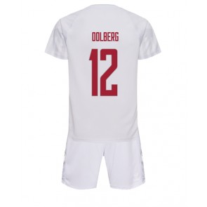 Dánsko Kasper Dolberg #12 Venkovní dres komplet pro Děti MS 2022 Krátkým Rukávem (+ Krátké kalhoty)