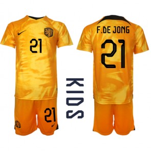 Holandsko Frenkie de Jong #21 Domácí dres komplet pro Děti MS 2022 Krátkým Rukávem (+ Krátké kalhoty)