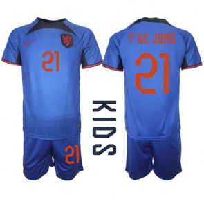 Holandsko Frenkie de Jong #21 Venkovní dres komplet pro Děti MS 2022 Krátkým Rukávem (+ Krátké kalhoty)