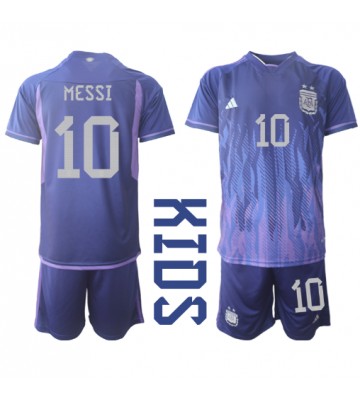 Argentina Lionel Messi #10 Venkovní dres komplet pro Děti MS 2022 Krátkým Rukávem (+ Krátké kalhoty)