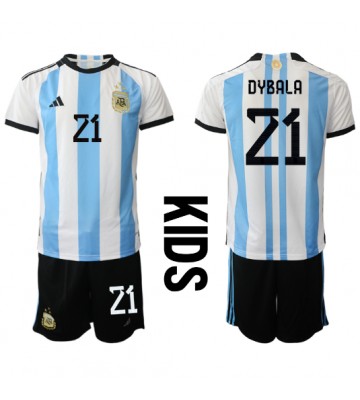 Argentina Paulo Dybala #21 Domácí dres komplet pro Děti MS 2022 Krátkým Rukávem (+ Krátké kalhoty)