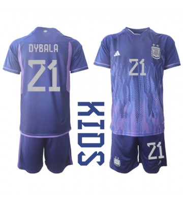 Argentina Paulo Dybala #21 Venkovní dres komplet pro Děti MS 2022 Krátkým Rukávem (+ Krátké kalhoty)