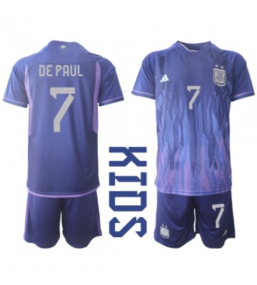 Argentina Rodrigo de Paul #7 Venkovní dres komplet pro Děti MS 2022 Krátkým Rukávem (+ Krátké kalhoty)