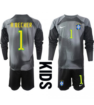 Brazílie Alisson Becker #1 Brankář Domácí dres komplet pro Děti MS 2022 Dlouhým Rukávem (+ Krátké kalhoty)