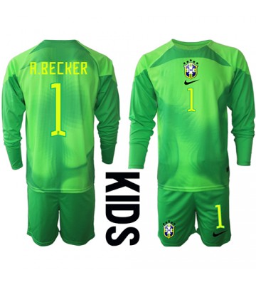 Brazílie Alisson Becker #1 Brankář Venkovní dres komplet pro Děti MS 2022 Dlouhým Rukávem (+ Krátké kalhoty)