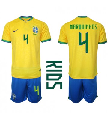Brazílie Marquinhos #4 Domácí dres komplet pro Děti MS 2022 Krátkým Rukávem (+ Krátké kalhoty)