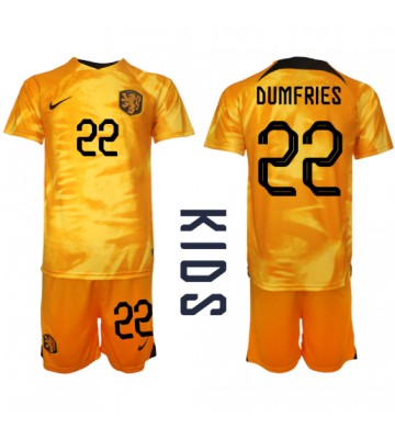 Holandsko Denzel Dumfries #22 Domácí dres komplet pro Děti MS 2022 Krátkým Rukávem (+ Krátké kalhoty)