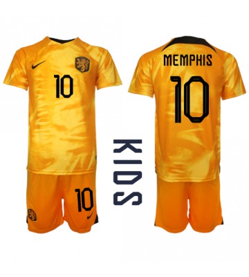 Holandsko Memphis Depay #10 Domácí dres komplet pro Děti MS 2022 Krátkým Rukávem (+ Krátké kalhoty)