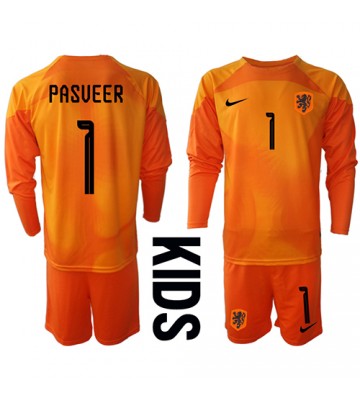 Holandsko Remko Pasveer #1 Brankář Venkovní dres komplet pro Děti MS 2022 Dlouhým Rukávem (+ Krátké kalhoty)
