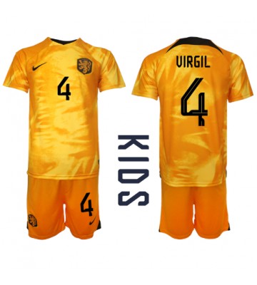 Holandsko Virgil van Dijk #4 Domácí dres komplet pro Děti MS 2022 Krátkým Rukávem (+ Krátké kalhoty)